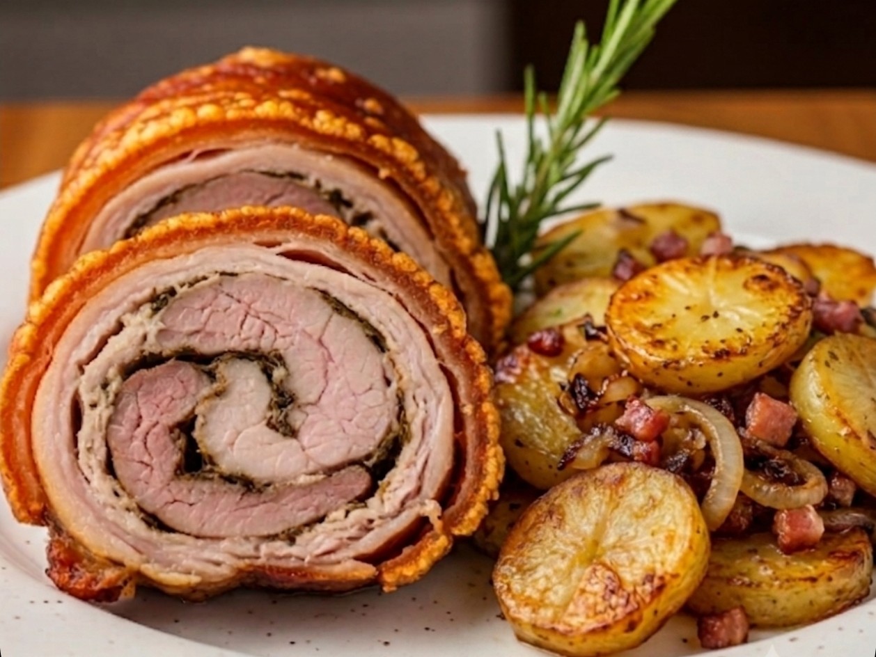 Spanferkelrollbraten mit Bratkartoffeln